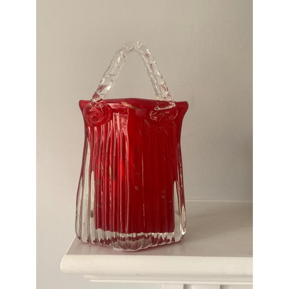 Hand Blown Red Glass Purse Vase Gold Aventurine Flecks Ribbed Art Glass Handbag